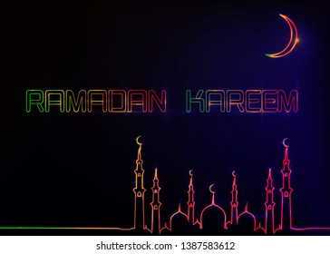 Ramadan Kareem greeting cards, neon sign style. Design template, light banner, night neon advert with crescent moon of mosque dome. Ramadan Mubarak, Glorious month of Muslim year. Vector illustration