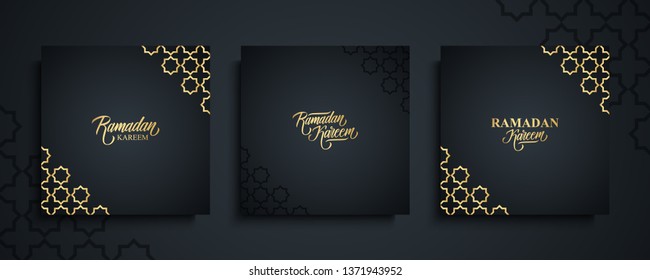 Ramadan Kareem greeting cards set. Ramadan holiday invitations templates collection with hand drawn lettering and gold arabic pattern. Vector illustration.