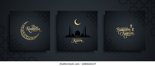 Ramadan Kareem greeting cards set. Ramadan islamic holiday invitations templates collection with gold crescent moon, hand drawn lettering and mosque. Vector illustration.
