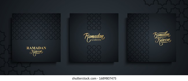 Ramadan Kareem greeting cards set. Ramadan holiday templates collection with gold hand drawn lettering and black arabic pattern. Vector illustration.