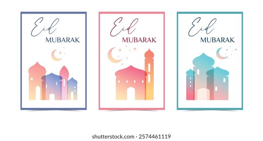 Ramadan Kareem Greeting Cards Set. Islamic template with mosque and crescent, stars. Poster, media banner. Vector illustration, gradient colors. Collection