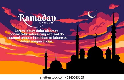 Ramadan Kareem Greeting Cards. the silhouette of the mosque with the sunset sky in the background. vector illustration.