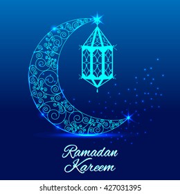 Ramadan Kareem Greeting Card.Shiny Decorated Crescent Moon With Stylish Text RAmadan Kareem On Blue Shiny Background.