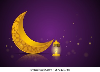 Ramadan Kareem greeting concept. The crescent moon with burning candle at night. Vector illustration design.