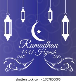 Ramadan Kareem greeting concept. The crescent moon with burning candle at night. Vector illustration design.