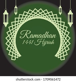 Ramadan Kareem greeting concept. The crescent moon with burning candle at night. Vector illustration design