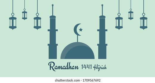 Ramadan Kareem greeting concept. The crescent moon with burning candle at night. Vector illustration design