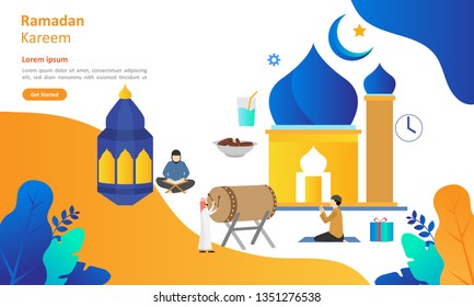 Ramadan Kareem greeting concept design With character activity of fasting people, Suitable for web landing page, ui, mobile app, banner template. Vector Illustration