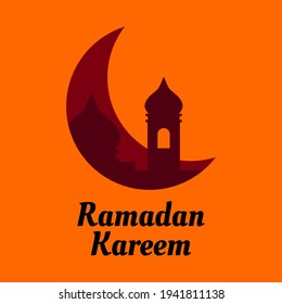 Ramadan Kareem greeting concept with mosque logo and orange background. Vector illustration