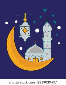 Ramadan Kareem greeting crescent Islamic symbol with hanging lantern paper art cutout