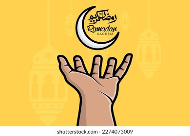 Ramadan Kareem greeting with crescent moon in hand vector illustration. Islamic holiday icon concept. Ramadan lantern lamp and moon icon design. Ramadan Kareem vector greeting card and poster design.