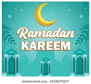 Ramadan Kareem greeting with a crescent moon and lanterns, set against a turquoise background, symbolizing peace and spirituality during the holy month of Ramadan. Flat vector modern illustration 