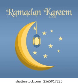 Ramadan Kareem Greeting With Crescent Moon and Decorative Lantern on Blue Background