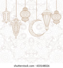 Ramadan Kareem greeting design background. Engraved vector illustration.