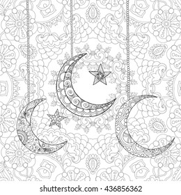 Ramadan Kareem greeting design coloring page. Engraved vector illustration. Sketch for decoration, poster, print, t-shirt.