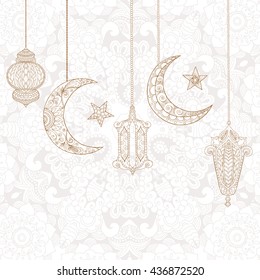 Ramadan Kareem greeting design coloring page. Engraved vector illustration. Sketch for decoration, poster, print, t-shirt.