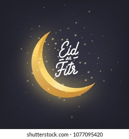 Ramadan Kareem greeting design with crescent moon, glowing stars and Eid-al-Fitr script lettering