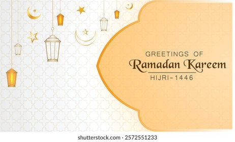 Ramadan Kareem greeting design featuring golden lanterns, crescent moon, and stars on a soft beige Islamic patterned background for festive occasions. 