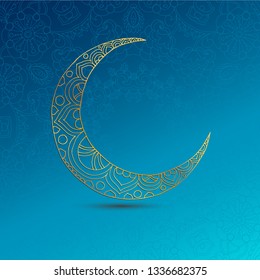 Ramadan Kareem greeting design illustration. Golden ornamental half moon on the blue gradient background. Vector EPS 10