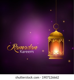 Ramadan Kareem Greeting Design Islamic with Purple Blur Background and Luxury Lantern. Golden Lantern Vector Illustration. Ramadan Kareem Background for Banner, Flyer, Greeting Card, Poster, Brochure.