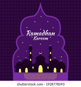 Ramadan Kareem greeting design in purple color. mosque silhouette vector
