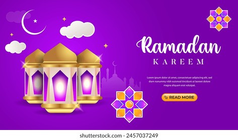 Ramadan kareem greeting design in purple color background illustration with golden lights for islamic festival web banner