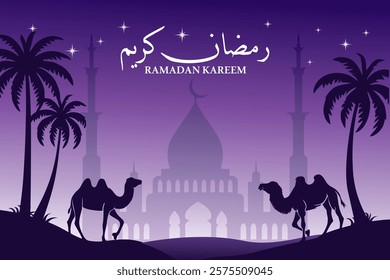 Ramadan Kareem Greeting Design with a purple night sky, mosque silhouette, crescent moon, stars, palm trees, and camels. Ideal for Islamic themes, Ramadan, and Eid Mubarak celebrations.