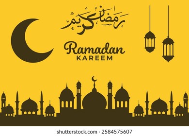 A Ramadan Kareem greeting features a mosque silhouette, crescent moon, and hanging lanterns against a yellow background.