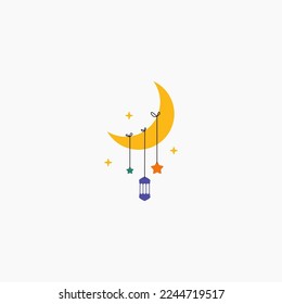 Ramadan kareem greeting flat illustration with hanging lantern and stars