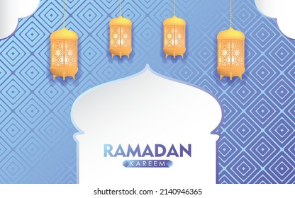 Ramadan Kareem Greeting with Gold Lanterns on White and Blue Pattern Background Vector Illustration