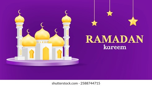 Ramadan Kareem greeting with a golden mosque and stars on a purple background. Celebrate the holy month with blessings, fasting, and prayers. 3d vector illustration