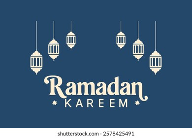 Ramadan Kareem greeting with hanging lanterns.