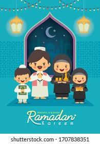 Ramadan kareem greeting illustration. Cartoon muslim or arab family celebrate festival at home flat design. Vector fanous lantern, mosque, quran book, misbaha tasbih, arab tea set & sweet date fruit.