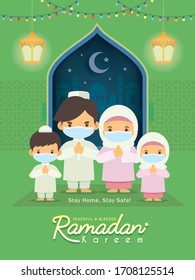 Ramadan kareem greeting illustration. Cartoon muslim or arabian family wearing face mask celebrate festival at home. Fanoos lantern & mosque in flat design. Stay home, stay safe. 