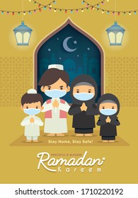 Ramadan kareem greeting illustration. Cartoon muslim or arabian family wearing face mask celebrate festival at home. Fanoos lantern & mosque in flat design. Stay home, stay safe. 