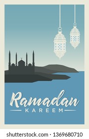 Ramadan Kareem greeting Islamic design. Arabic Text Translation: The Noble Month of Ramadan. Vintage Poster. Illustration Vector Eps 10.