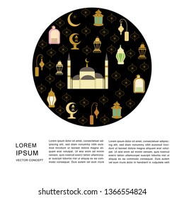 Ramadan Kareem greeting Islamic elements circle. Flat style clip art with copy space. Isolated greeting card, poster design element. Vector