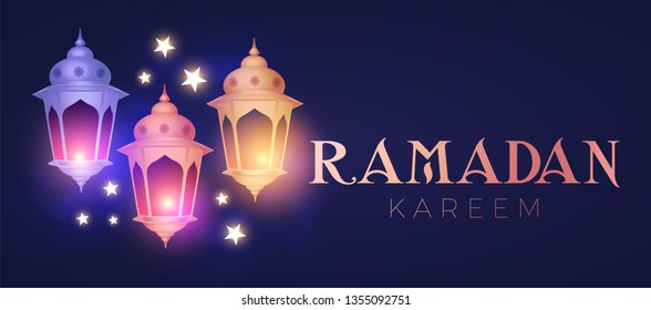 Ramadan Kareem Greeting. Islamic Holiday Design Template. Oriental Lantern with Light. Vector illustration