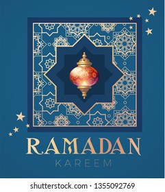 Ramadan Kareem Greeting. Islamic Holiday Design Template. Oriental Lantern with Light. Vector illustration