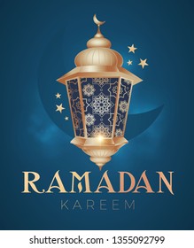 Ramadan Kareem Greeting. Islamic Holiday Design Template. Oriental Lantern with Light. Vector illustration