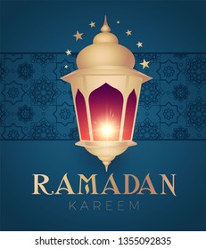 Ramadan Kareem Greeting. Islamic Holiday Design Template. Oriental Lantern with Light. Vector illustration