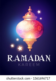 Ramadan Kareem Greeting. Islamic Holiday Design Template. Oriental Lantern with Light. Vector illustration
