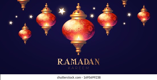 Ramadan Kareem Greeting. Islamic Holiday Design Template. Oriental Lantern with Light. Vector illustration