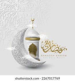 Ramadan Kareem Greeting Islamic Illustration Vector Design With shiny Arabic calligraphy, Moon and Mosque for Background, Wallpaper, Banner, Cover and Card. Translation Of Text : BLESSED FESTIVAL