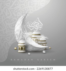 Ramadan Kareem Greeting Islamic Illustration Vector Design With Arabic calligraphy, Moon, lanterns, Pattern for Background, Wallpaper, Banner, Cover and Card. Translation Of Text : BLESSED FESTIVAL