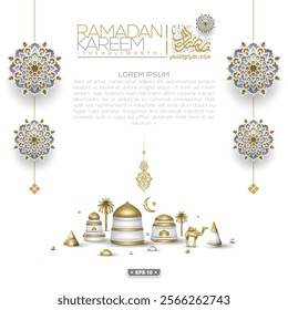 Ramadan Kareem Greeting Islamic Illustration Background Vector Design With Beautiful Arabic Calligraphy, Lanterns etc. For Wallpaper, Banner, Poster, Cover etc. Translation Of Text: THE HOLY MONTH