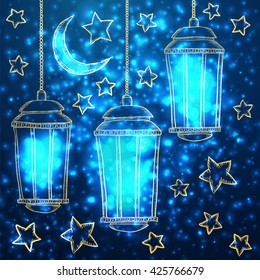 Ramadan Kareem greeting with lantern on night background. Vector sketch illustration