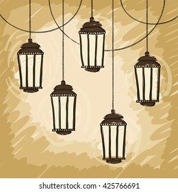 Ramadan Kareem greeting with lantern on night background. Vector sketch illustration