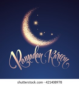 Ramadan Kareem greeting lettering card with moon and stars. Vector illustration EPS10