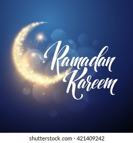 Ramadan Kareem cartão lettering com lua e estrelas. Ilustração vetorial EPS10